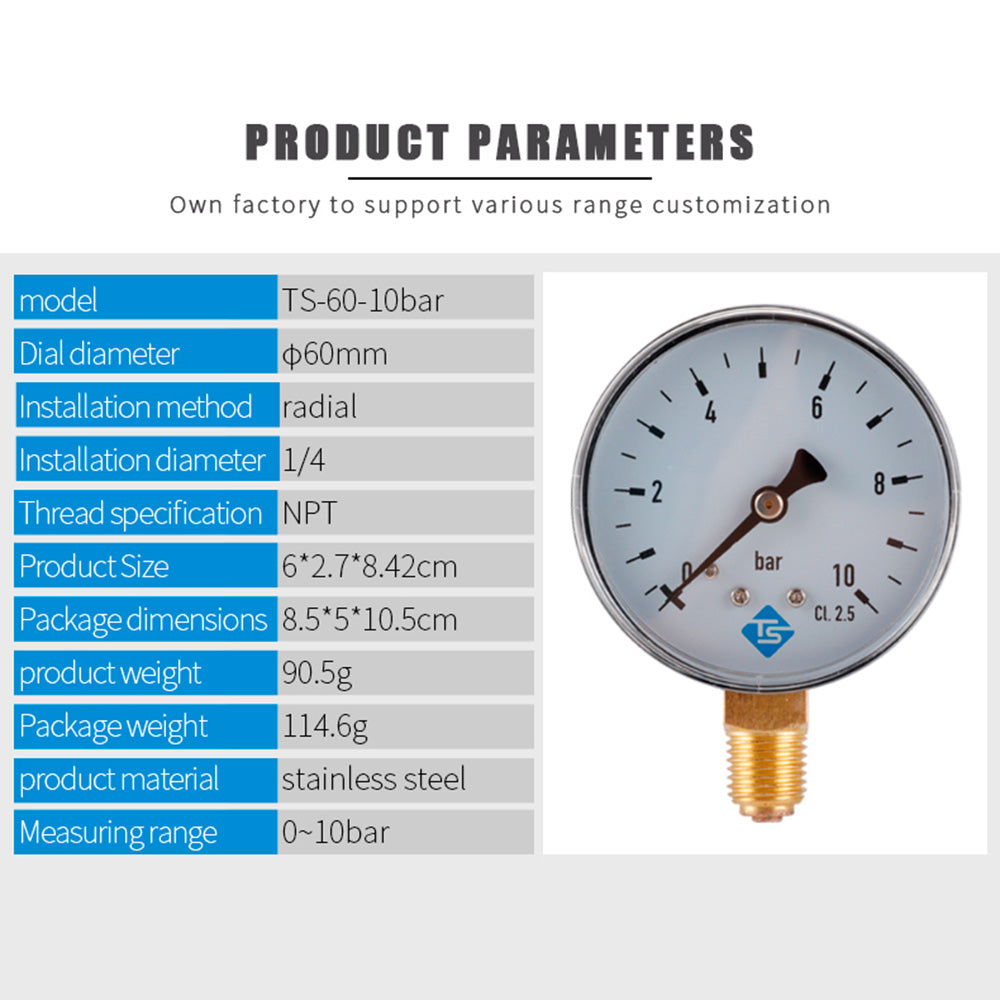 TS-60-10bar 60mm Dial Pressure Gauge 0-10 Bar Water / Gas / Air Pressure Measurement Tool with 1 / 4 NPT Bottom Mount TS-60-10bar 60mm Dial Pressure Gauge 0-10 Bar Water / Gas / Air Pressure Measurement Tool with 1 / 4 NPT Bottom Mount